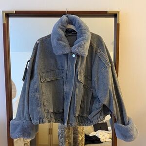 Oversized Blue Denim Jacket with Faux Fur